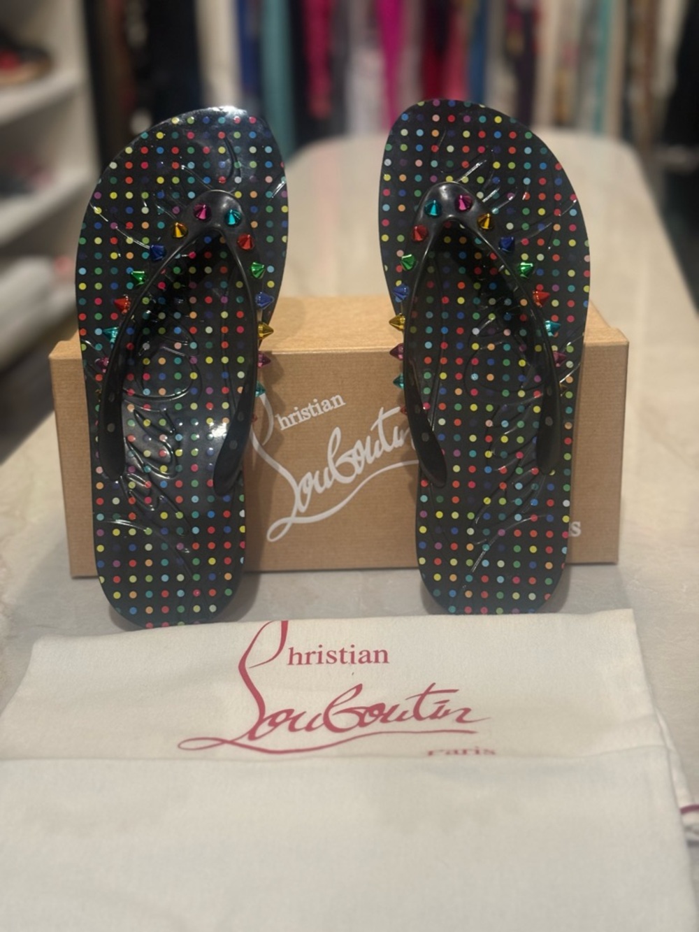 Louboutin Spikes  flip flops with multicolored polka dots and studs.size 41  EUC